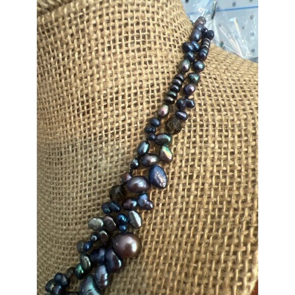 Black Iridescent Freshwater Pearl Sterling Silver Necklace Glass Pendant Estate - Picture 4 of 5